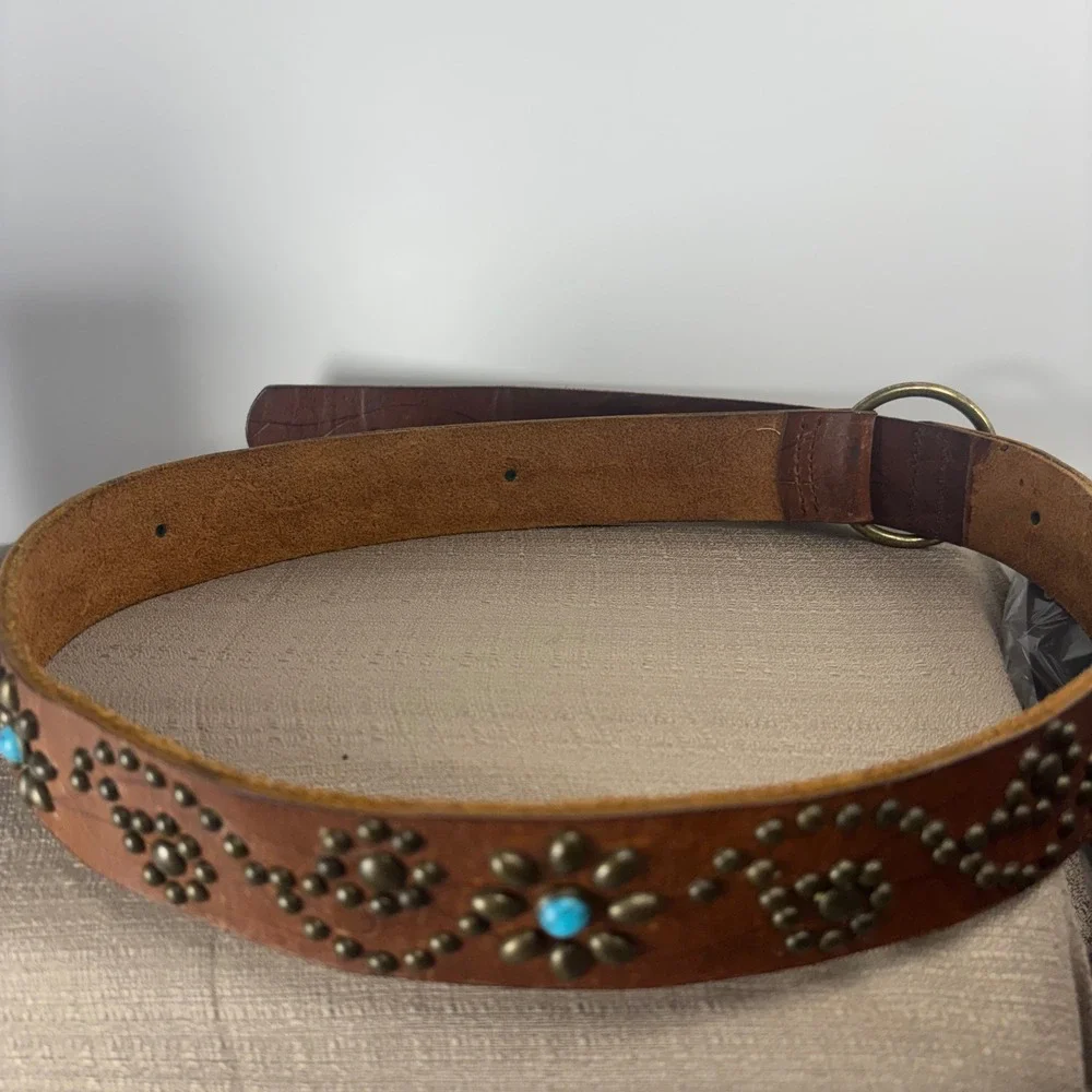 Studded Leather Belt Womens L Brown Excellent Western Boho Vintage 70s